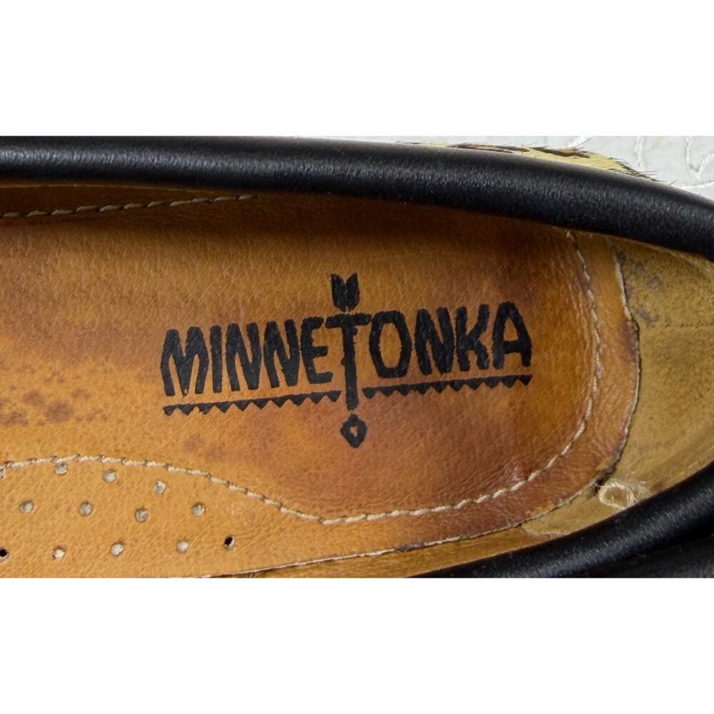 Minnetonka Womens 8.5 Brown Tan Leopard Cow Hair Leather Lined Loafer Shoes Flat - Picture 2 of 11